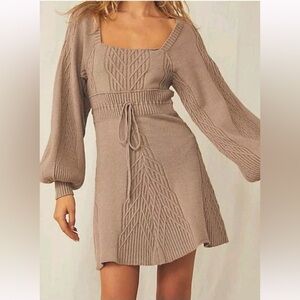 Free People Emmaline Sweater Mini Dress Taupe Balloon Sleeves Cut Out Back